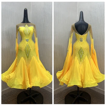GOODANPAR Yeni Standart Balo Salonu Dans Elbise Kadın Kızlar Rekabet Kostüm Likra Vals Sahne sarı uzun kollu