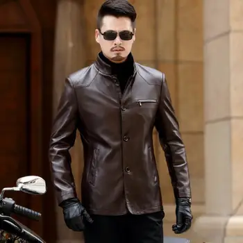 Sonbahar ınce standı yaka rahat motosiklet erkek deri ceketler ınce mont erkek jaqueta de couro masculino motoqueiro kahverengi 3XL