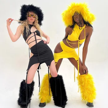 Seksi Hollow Out Elbise Gece Kulübü Gogo Giyim Yetişkin Kadın Caz Dans Sahne Kostüm Kürkler Bacak Kapak Parti Rave Kıyafet VDB5494