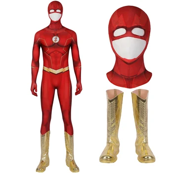 Cadılar bayramı Süper Kahraman Sezon 8 Cosplay Barry Allen Tulum Maske Botları Kahraman 3D Baskı Zentai Yetişkin Savaş Kostüm