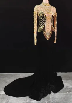 Kadınlar Seksi Sparkly Sarı Rhinestones Kadife gece elbisesi Dans Sahne Giyim Kadın Şarkıcı Doğum Günü Siyah Sıkı Elbise