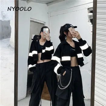 NYOOLO Sonbahar streetwear 3M yansıtıcı patchwork Yüksek bel kısa siyah kargo ceket Rahat gevşek fermuarlı ceket kadın giyim