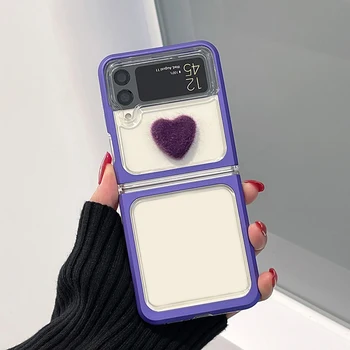 Moda DIY Peluş Aşk Kalp Mor Tam Kapsama Darbeye Dayanıklı samsung kılıfı Galaxy Z Flip 3 Flip3 5G PC arka kapak