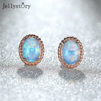 Jellystory 925 Ayar Gümüş Opal Saplama Küpe Kadınlar İçin Oval Basit Gül Altın Düğün Yıldönümü Güzel Takı Kadın Hediyeler
