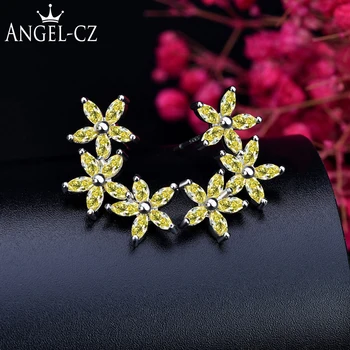 ANGELCZ Kore Moda Marka Takı Sarı CZ Kristal Çiçek Saplama Küpe Kadın Kızlar ıçin AE260
