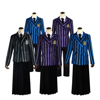 Çarşamba Addams Aile Cosplay Kostüm Kadın Çizgili Kravat okul üniforması Ceket Yelek Gömlek Etek Tam Set Cadılar Bayramı parti giysileri