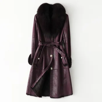 Kadın Kış Ceket Uzun Tilki Kürk Yaka Hakiki Kürk Ceket Sıcak Kalın Düğme 3XL Bayan Lüks Tavşan Derisi Deri ve Kürk Elbise