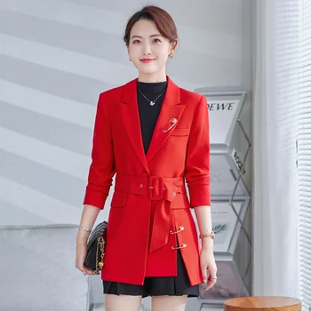 2021 Kadın Ceket Moda Zarif Kırmızı Ceket Kemer ile OL Stilleri Sonbahar Kış Blazers Kadınlar için İş Blaser Dış Giyim Tops