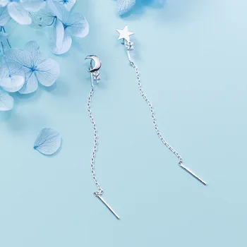 MloveAcc Gerçek 925 Ayar Gümüş Romantik Ay ve Yıldız tılsım küpe Kadınlar için Moda Uzun Zincir Püskül Küpe