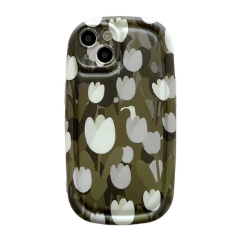 Retro Siyah Şeffaf Tam Ekran Sevimli Lale Çiçek Oval Kılıf iPhone 13 12 11 Pro XS Max XR X Yumuşak arka kapak Funda Coques