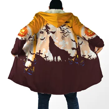 Yeni Kış Erkek Pelerin Cadılar Bayramı Kurt kabak 3D Baskı Polar Kapüşonlu pelerin Unisex Rahat Kalın Sıcak Pelerin palto