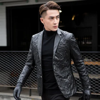 Erkekler Lüks İş Gerçek Deri Ceket Koyun Derisi İnce Blazer Bahar Sonbahar Klasik Siyah Ofis Rahat Giyim Artı Boyutu 4XL