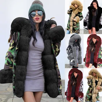 Kadın Ceket ve Mont Kış Askeri Kalın Sıcak Büyük Kürk Yaka Kapşonlu Moda Rahat Kadın Dış Giyim Uzun Tarzı C3329