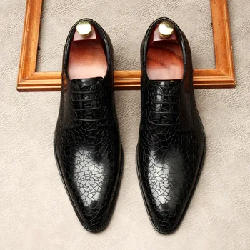 Italyan Moda Zarif Oxford Ayakkabı Erkekler İçin Hakiki İnek Deri Timsah Lace Up Örgün Düğün Ayakkabı Sivri sivri uçlu ayakkabı