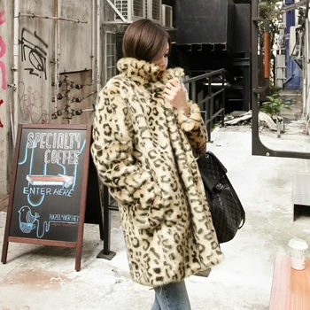 Sonbahar Kış Kadın Uzun Ceket Yatak Açma Yaka Baskı Leopar Yün Ceket Artı Boyutu Kalın Sıcak Giyim Casacos Femininos 2020