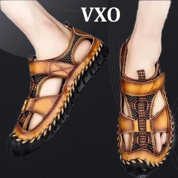 VXO Erkek Sandalet Hakiki Deri Nefes Rahat plaj ayakkabısı erkek Dış Giyim sürüş ayakkabısı