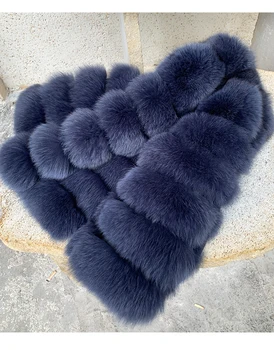 İngiliz tasarım 2023 Vintage koyu Mavi panelli doğal tilki kürk mantolar ve ceketler
