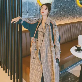 Vintage Ekose Renk Kontrast Kadınlar Uzun Trençkot Kemer İle Sonbahar Kore Kruvaze Rahat Kadın Rüzgarlık Ceket