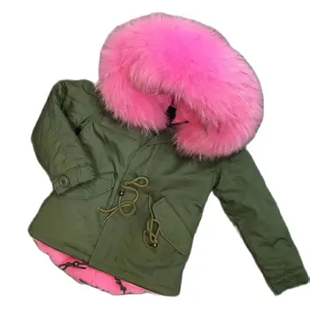 Pembe çizgili kürk parka Çocuklar İçin Kısa Ordu Yeşil Ceket Kızlar kışlık palto İle Büyük Pembe Kürk Yaka