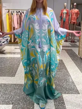 Moda yüksek kaliteli yay Sonbahar Yeni kadın Vintage Casual Parti Tasarımcı Bohemian Batwing Kollu Baskı Gevşek Maxi uzun elbise