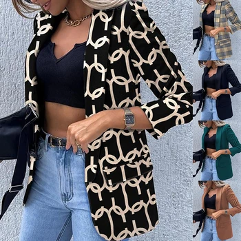 Sonbahar Bayan Zarif Blazer Mont Moda Turn-Aşağı Yaka Kadın Giyim Bahar Rahat Basit Uzun Kollu Ceketler baskı MODA