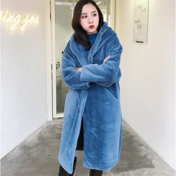 Sonbahar Kış Faux Vizon Kürk Kadın Kapüşonlu Kore Gevşek Femme Kürklü Ceket Yüksek Kalite Kalın Sıcak Uzun Peluş Palto G553