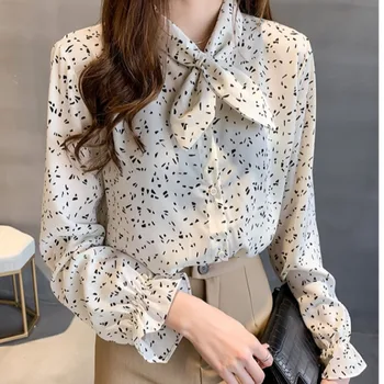 4XL Artı Boyutu Sonbahar Yeni Kadın Moda Polka Dot Gömlek Moda Yay Yaka Uzun Kollu Gevşek Şifon Bluz Casual Ofis Tops
