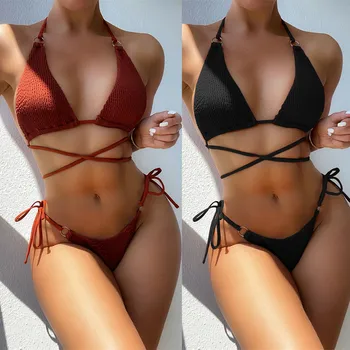 Brezilyalı Bikini Seti 2021 Kadın Yastıklı Mayo Biquinis Yaz Plaj Kıyafeti Katı Mayo Badpak Dames Tanga mayo Kız
