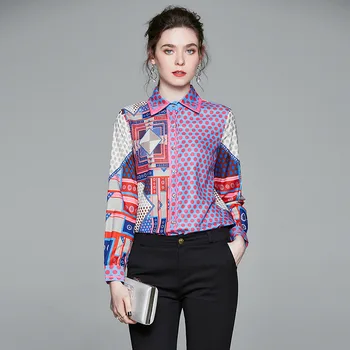 2021 Bayan İlkbahar Sonbahar Tasarım Duygusu Uzun Kollu Gömlek Yaka Polka Dot Geometrik Baskılı Dikiş İnce Bluz Zarif OL Üst
