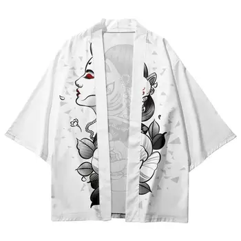 Karikatür Çiçek Güzellik Baskılı Beyaz Japon Yukata Çift Kadın Erkek Kimono Hırka plaj şortu Rahat asya kıyafetleri Harajuku