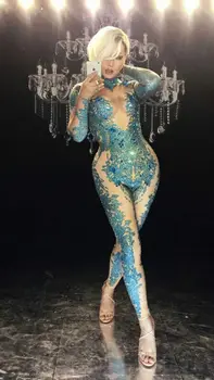DJ Songbird Sıska Mavi Kristaller Tulum Kadın Şarkıcı Dansçı Taşlar Kostüm Tek parça Bodysuit Gece Kulübü Kıyafet Parti Tayt