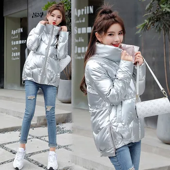 Kış Kadın Tüm Maç Stand-up Yaka Gevşek Parlak Yüzey Kalınlaşmış Sıcak Pamuk Ceketler Yeni Kore Tarzı Kadın Dış Giyim S-XXXL