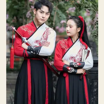 Çin Geleneksel Elbise Hanfu Kadın Erkek Vinç İşlemeli üst Giysi Unisex Oryantal Kılıç Ustası Eşleşen Çift Kıyafetler