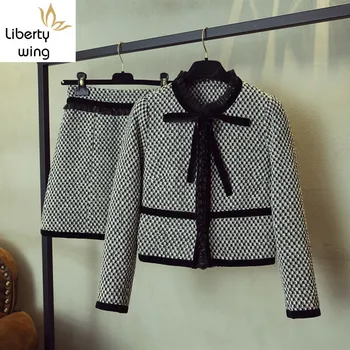 Tasarımcı Kadın Yay Ekose Uzun Kollu Ceket Mini Etek İki Parçalı Set Bahar Sonbahar Zarif Streetwear Tüvit Etek Takım Elbise