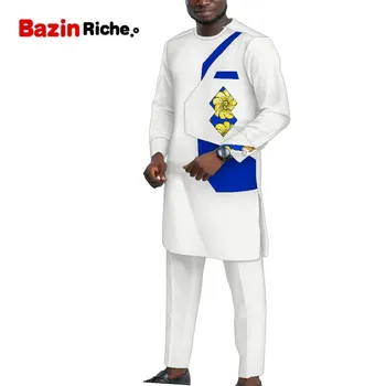 Afrika Elbiseler Dashiki Erkekler 2 Parça Gömlek ve Pantolon Seti Pamuk O Boyun Uzun Tip Üst ve İnce Pantolon Artı Boyutu Giyim WYN1571