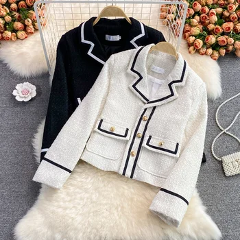Küçük Koku Kısa Palto 2021 Sonbahar Kore Moda Streetwear Tüvit Ceket Ceket Kadınlar Uzun Kollu Vintage Dış Giyim Kırpma Üst