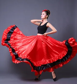 Çingene Kadın İspanyol Flamenko Etek Polyester Saten Pürüzsüz Büyük Salıncak Karnaval Parti Balo Salonu Oryantal Dans Kostümleri Elbise