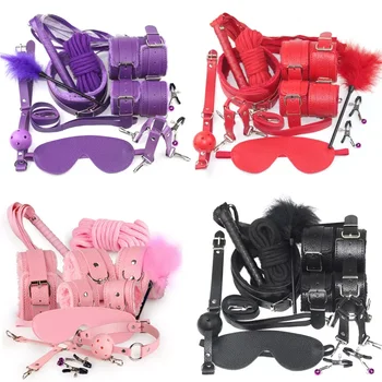 BDSM Kölelik PU Deri SM Esaret Seti Seks Kelepçe Footcuffs Kırbaç Halat Göz Maskesi Körü Körüne Erotik çiftler için oyuncaklar