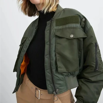 Sonbahar Kış Bombacı Ceket Kadın Ordu Yeşil Sıcak Fermuar Cepler Ceket Kadın Ceket Parkas Femme Chaqueta Mujer