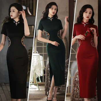 Retro Country Tarzı Slim Fit Qipao Kadın Kısa Kollu Mandarin Yaka Cheongsam Leke Vestidos Baskı Uzun Artı Boyutu 3Xl Elbise