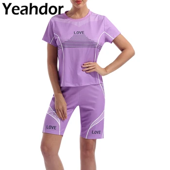 2 ADET Kadınlar Yaz Yoga Spor Spor Takım Elbise Yuvarlak Boyun Kısa Kollu Mektup Baskı T-shirt ve Şort Aktif Egzersiz Koşu Spor Seti