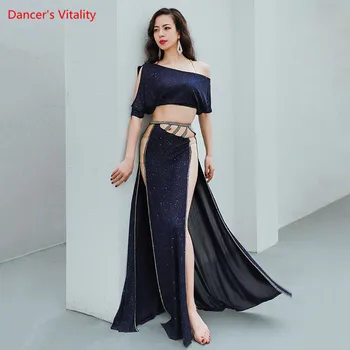 Oryantal Dans Elbise Buz İpek Sequins Üst Baskı Yüksek Bel Bölünmüş Etek Uygulama Giysi Set Kadın Zarif Performans Giyim