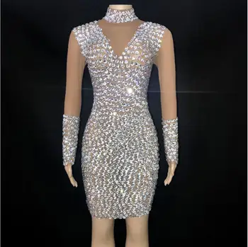 Parlak Gümüş Taşlar Örgü Elbise Kadın Şarkıcı Akşam Şeffaf Seksi Kostüm Balo Doğum Günü See Through mini Elbise