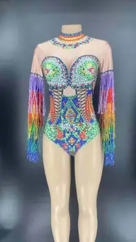 Kadınlar Yeni Yanıp Sönen Rhinestones Spandex Bodysuit Parti Kutlamak Renkli Kıyafet Püskül Şarkıcı Gece Kulübü Dans Kıyafeti Bodysuit