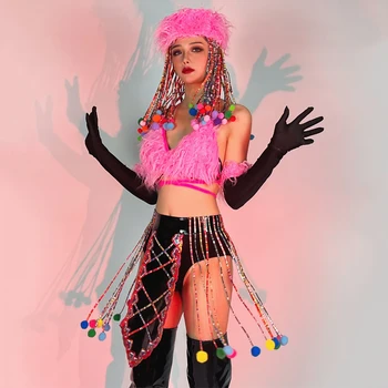 Çin halk dans kostümü Pembe Kürk Yelek PU Saçaklar Şort Sahne Performansı Giyim Kadın Kutup Dans Festivali Kıyafet XS5505