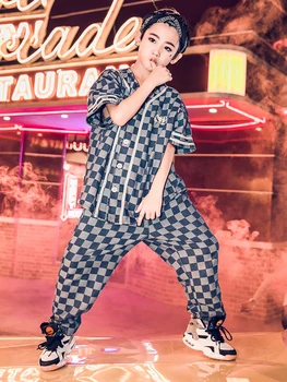 Yeni Hip Hop dans kostümü Çocuklar Damalı Kısa Kollu Kpop Kıyafet Erkek Hiphop Elbise Kız Caz Performans Sahne Giyim BL9710