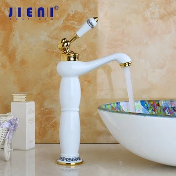 JIENI Beyaz Şelale Musluk Seramik Kolu Finish Banyo Havzası lavabo musluğu Sıcak ve Soğuk Mikser Güverte Üstü Beyaz Boyama Dokunun