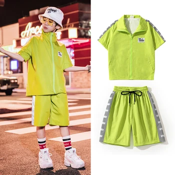 Yeni Çocuk Sokak Dans Elbise Erkek Hip Hop Caz Kostümleri Çocuklar Hiphop Giyim Yaz T Shirt Şort Gelgit Takım Elbise DQS2141