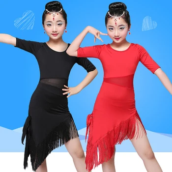 2022 Kız Saçak Elbise Çocuk Salsa Tango Samba Balo Salonu Püskül Etek Siyah Kırmızı Uzun Kollu Etek Latin Amerika Dansları