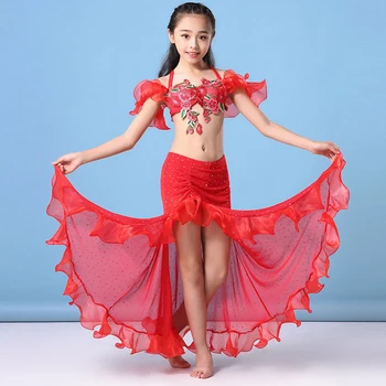 Performans Dans Elbise Çiçek Kırmızı Kıyafet Oryantal dans kostümü 2 adet Set Sutyen ve Etek Çocuk çocuk için 2019 yeni stil